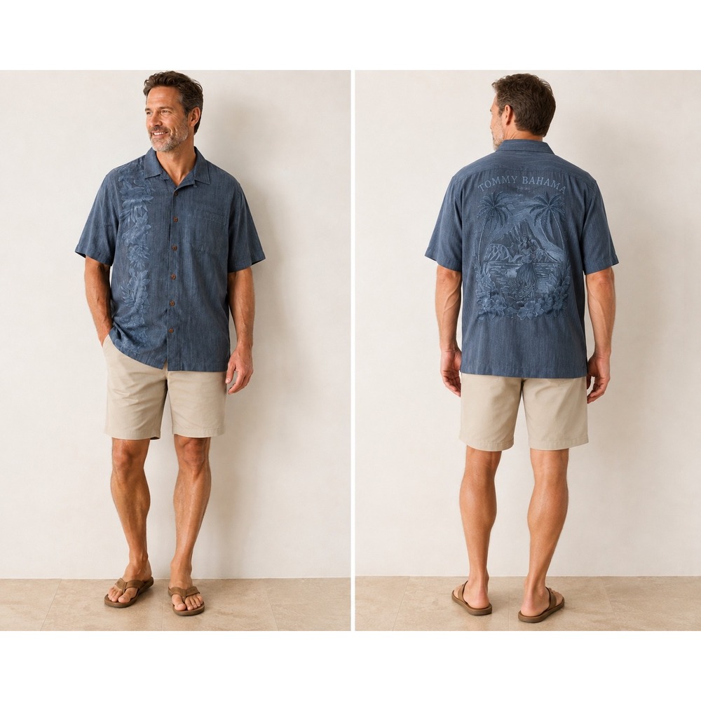 Tommy Bahama Mens Large 100% Silk Blue Gray Embroidered Hula Girl Camp Shirt